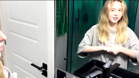 Quickie fuck in bathroom with a petite step-sis while we