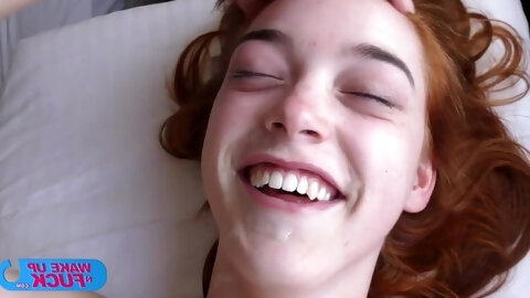 Slender redhead teen fucked by 2 horny old guys in bed