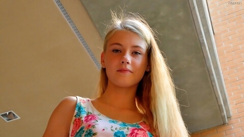 Slim blonde teen Hannah exposes her shaved cunt and ass in public