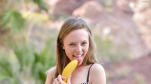 Slim teen with a shaved clam Audrey fists and toys herself in a solo