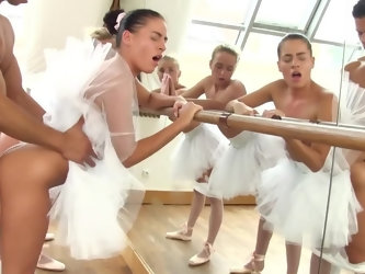 When their instructor shows up, their pussies get wet and he soon starts fucking them one by one as the others wait their turn while drooling like dog