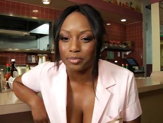 Black waitress fucks the chef in the restaurant