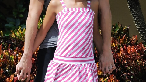 Brunette teen Mishka kisses a guy before bending over him and sucking his dick